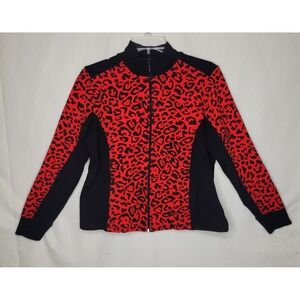 Ruby Rd. Red & Black Leopard Print Full Zip Track Jacket Mock Neck